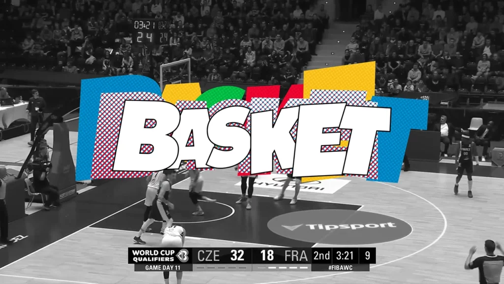 Vidéo en motion design - animation 2D - présentation du Basket aux Jeux Olympiques de Paris 2024 - typographie Basket - Spered Production Rennes Bretagne - Lenaig Boudigou