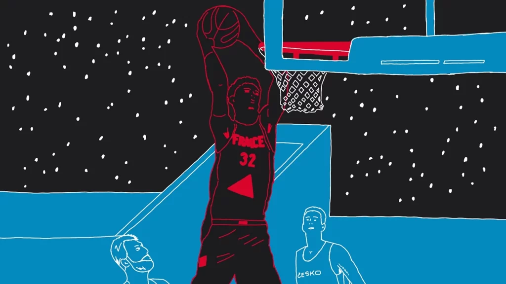 Vidéo en motion design - animation 2D - présentation du Basketball aux Jeux Olympiques de Paris 2024 - dunk dessiné de Victor Wembanyama - Spered Production Rennes Bretagne - Lenaig Boudigou